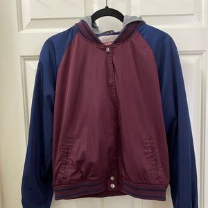 Burgundy and blue bomber jacket